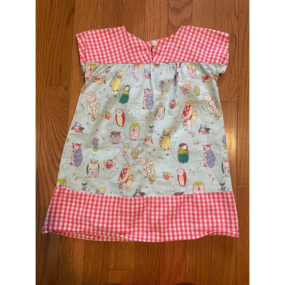 RedBeans Girls Owl Print Gingham Check Dress Blue Red 3T Short Sleeve Pockets